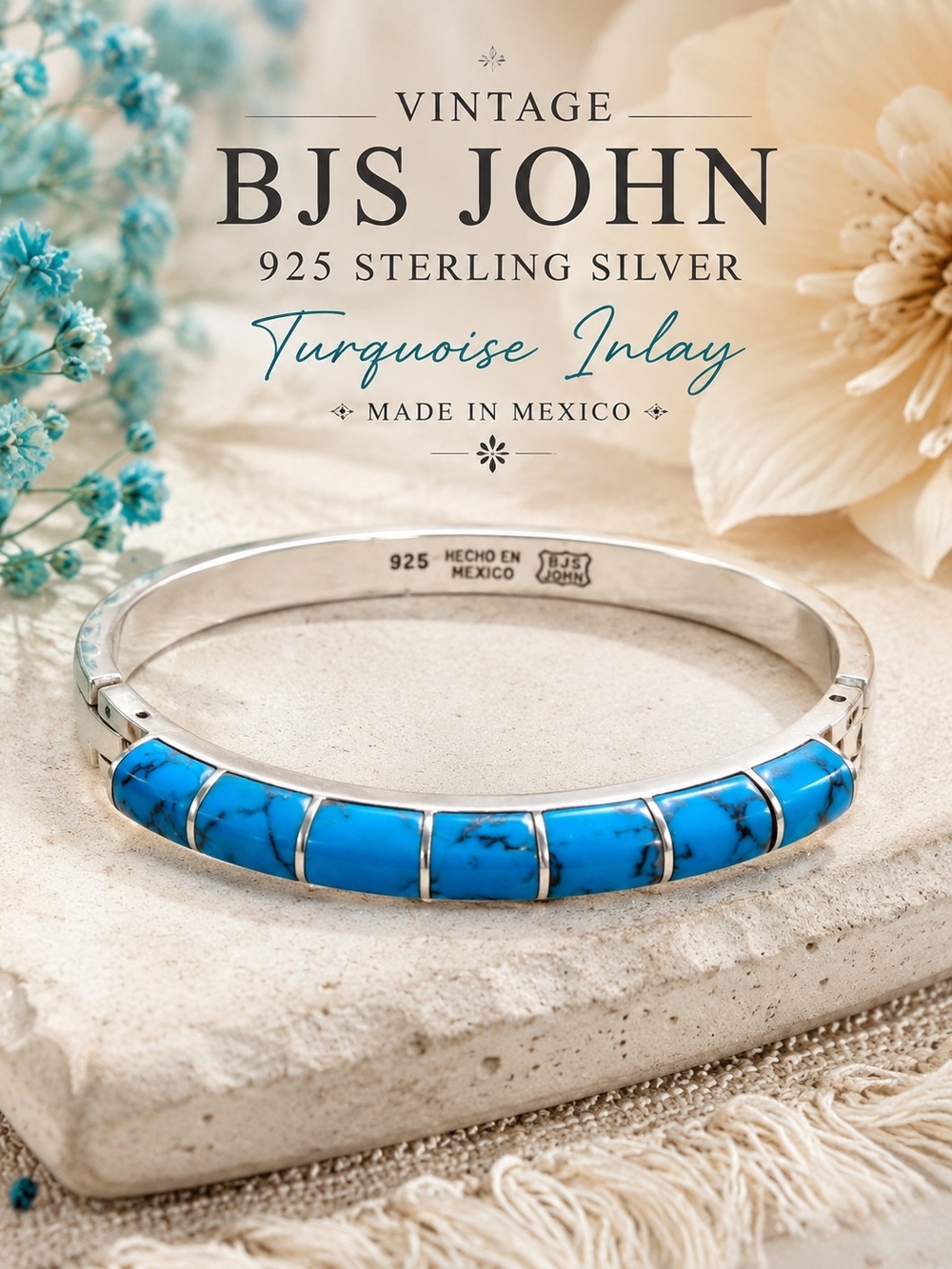 Vintage BJS John 925 Sterling Silver Turquoise Inlay Hinged Bangle Bracelet